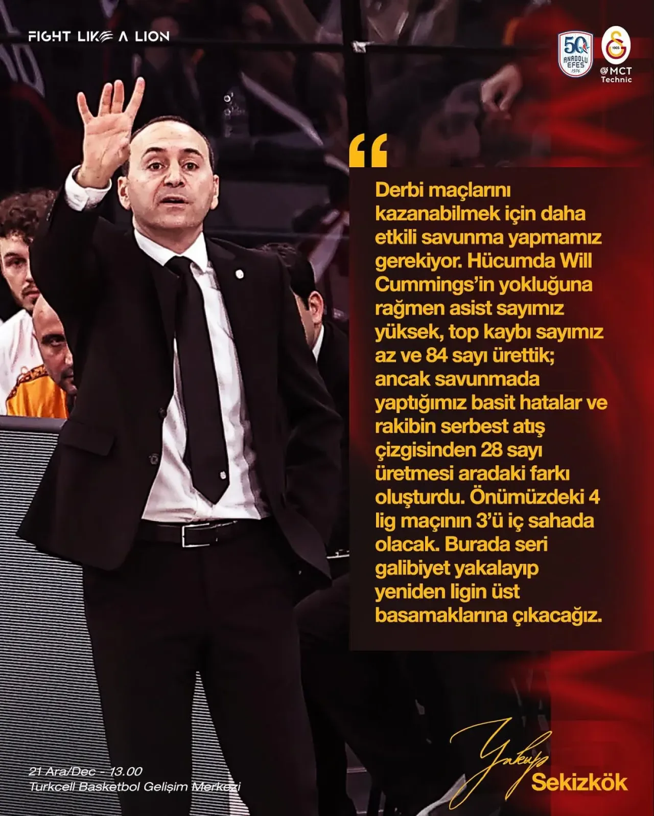 Galatasaray Başantrenörü Yakup Sekizkök'ten Anadolu Efes Maçı Değerlendirmesi Galatasaray Başantrenörü Yakup Sekizkök'ten Anadolu Efes Maçı Değerlendirmesi
