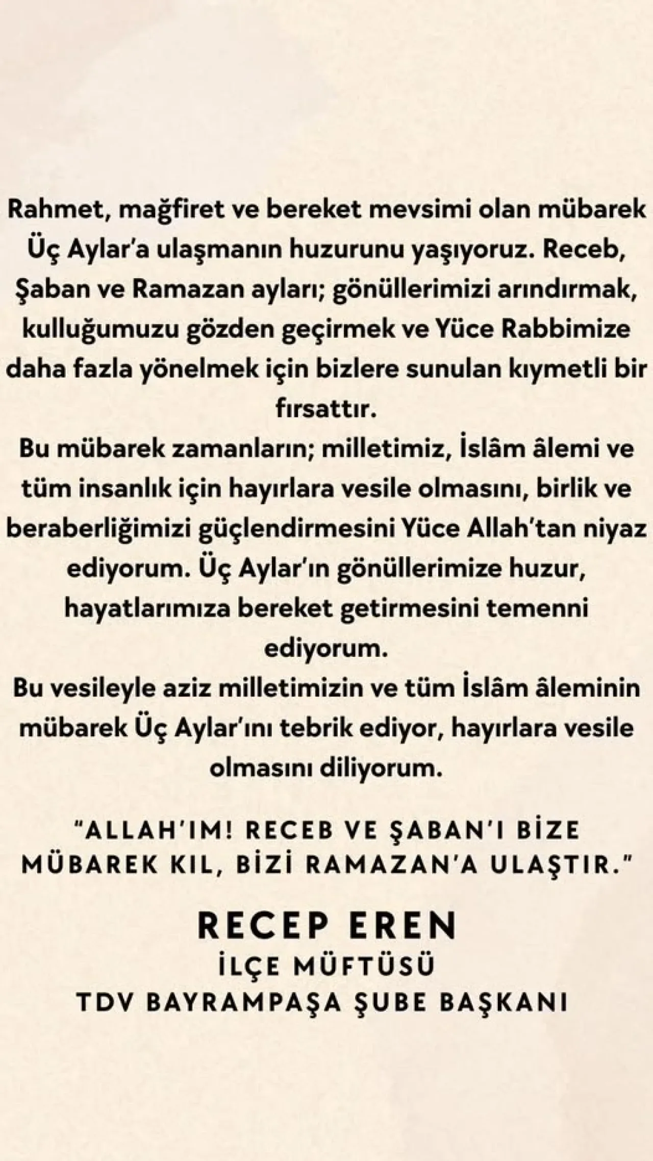 Bayrampaşa Müftülüğü'nden Üç Aylar Mesajı: Rahmet, Mağfiret ve Bereket Mevsimi Başlıyor Bayrampaşa Müftülüğü'nden Üç Aylar Mesajı: Rahmet, Mağfiret ve Bereket Mevsimi Başlıyor