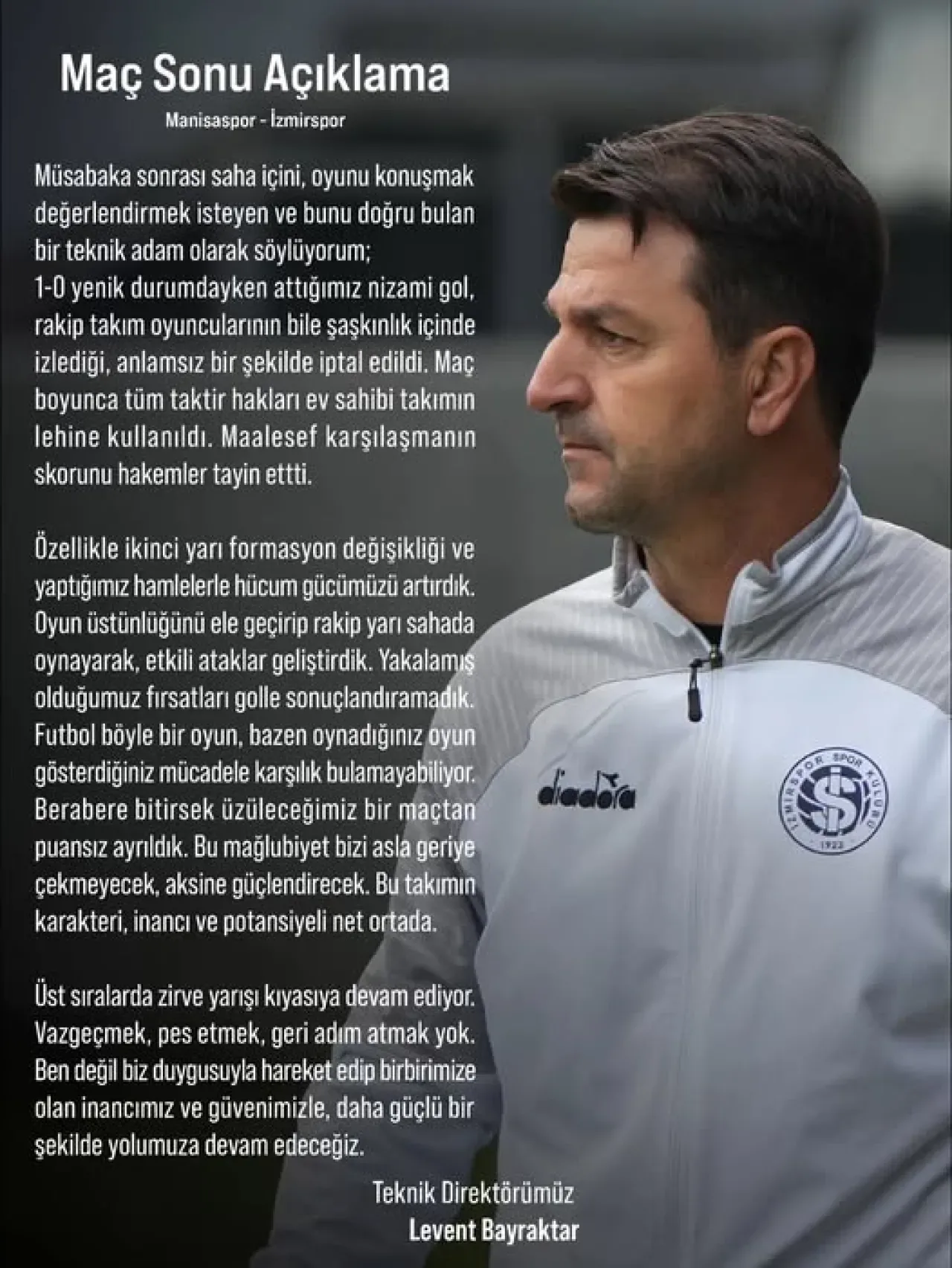 İzmirspor Teknik Direktörü Levent Bayraktar'dan Manisaspor Maçı Değerlendirmesi İzmirspor Teknik Direktörü Levent Bayraktar'dan Manisaspor Maçı Değerlendirmesi