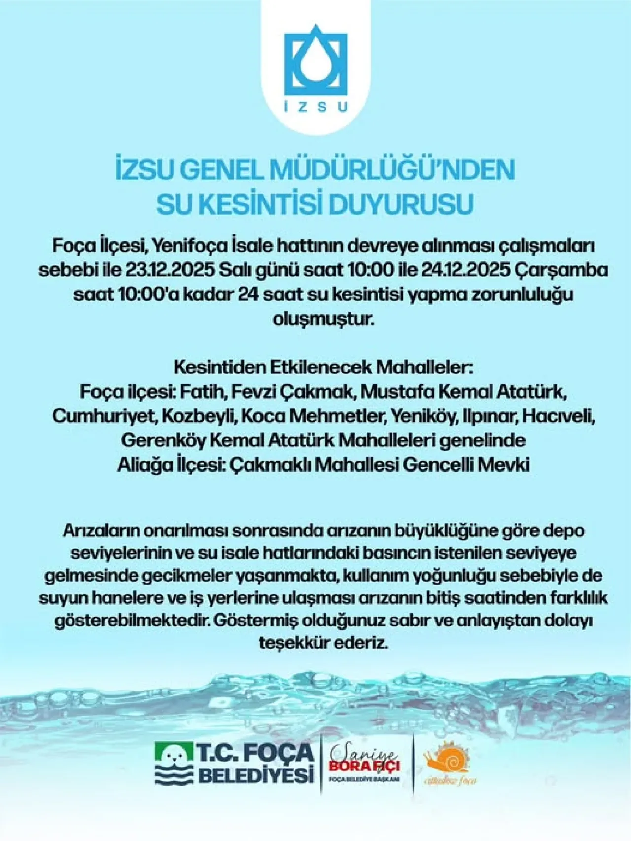 Foça'da İsale Hattı Çalışması Nedeniyle 24 Saatlik Su Kesintisi Foça'da İsale Hattı Çalışması Nedeniyle 24 Saatlik Su Kesintisi