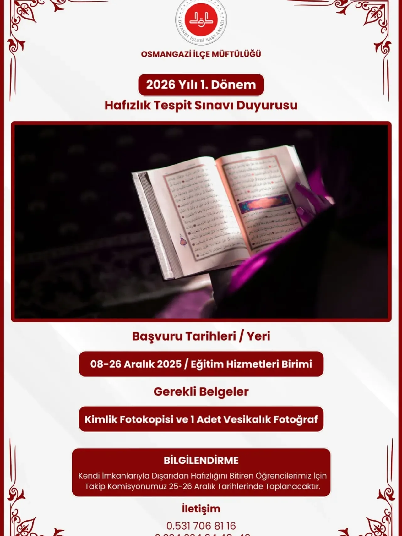 Bursa Osmangazi'de 2026 Yılı Hafızlık Tespit Sınavı Başvuruları Başlıyor Bursa Osmangazi'de 2026 Yılı Hafızlık Tespit Sınavı Başvuruları Başlıyor