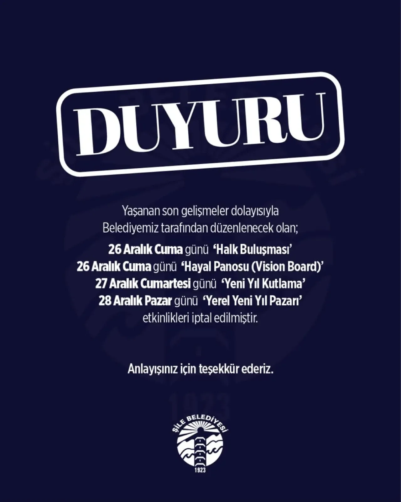 Şile Belediyesi Aralık Ayı Etkinliklerini İptal Etti Şile Belediyesi Aralık Ayı Etkinliklerini İptal Etti