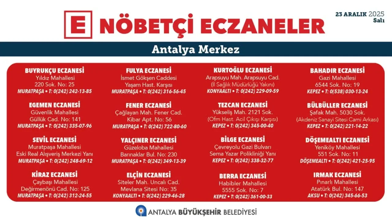 Antalya'da 23 Aralık 2025 Nöbetçi Eczaneler Listesi Açıklandı Antalya'da 23 Aralık 2025 Nöbetçi Eczaneler Listesi Açıklandı