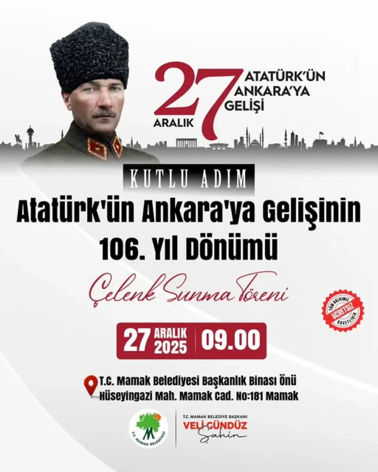 Mamak'ta Tarihi Anma: Atatürk'ün Ankara'ya Gelişinin 106. Yılı Kutlanacak Mamak'ta Tarihi Anma: Atatürk'ün Ankara'ya Gelişinin 106. Yılı Kutlanacak