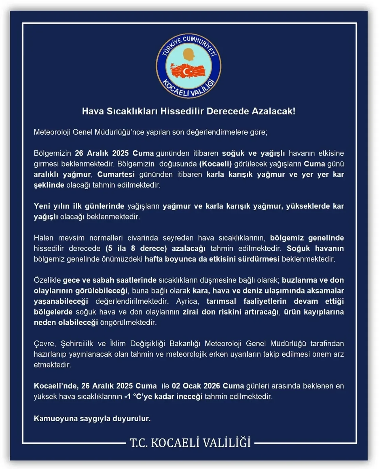 Karamürsel'de Hava Sıcaklıkları Aniden Düşecek Karamürsel'de Hava Sıcaklıkları Aniden Düşecek