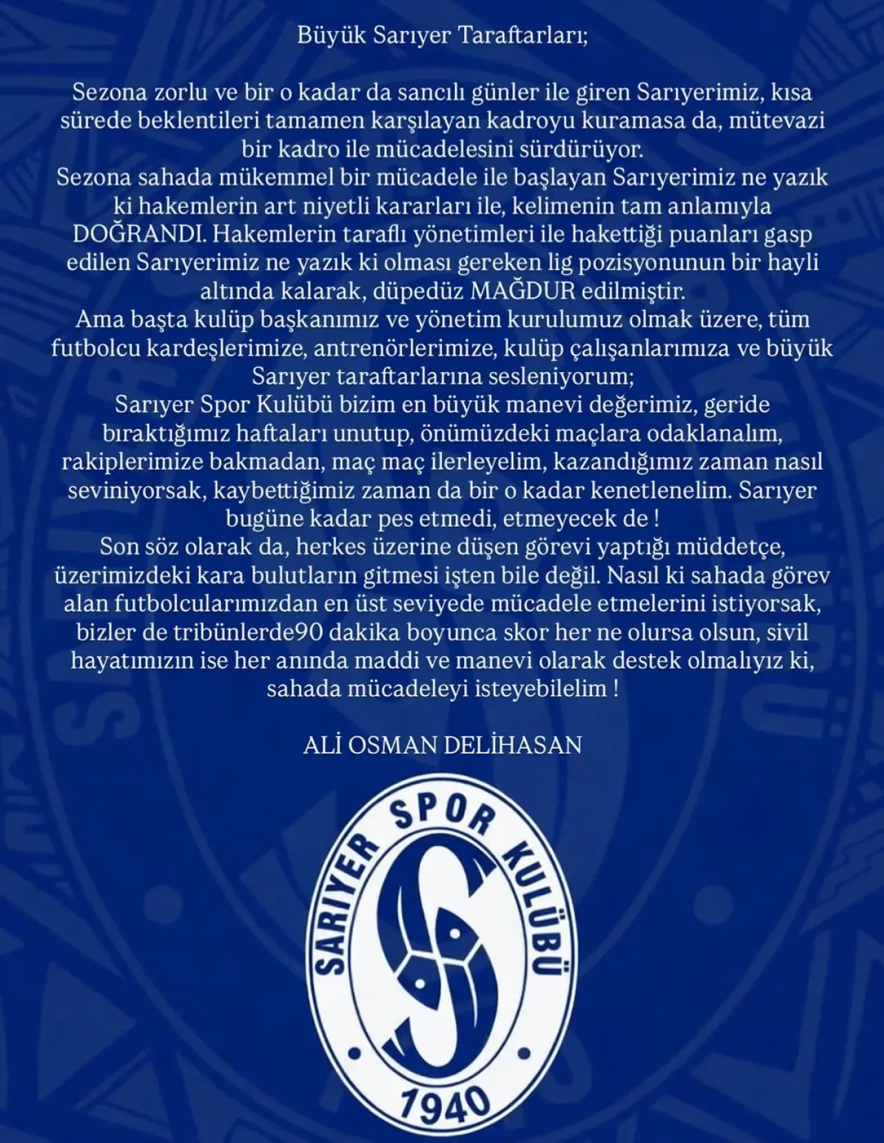 Sarıyer Taraftarlarından Güç Birliği Çağrısı: "Kara Bulutlar Dağılacak" Sarıyer Taraftarlarından Güç Birliği Çağrısı: "Kara Bulutlar Dağılacak"