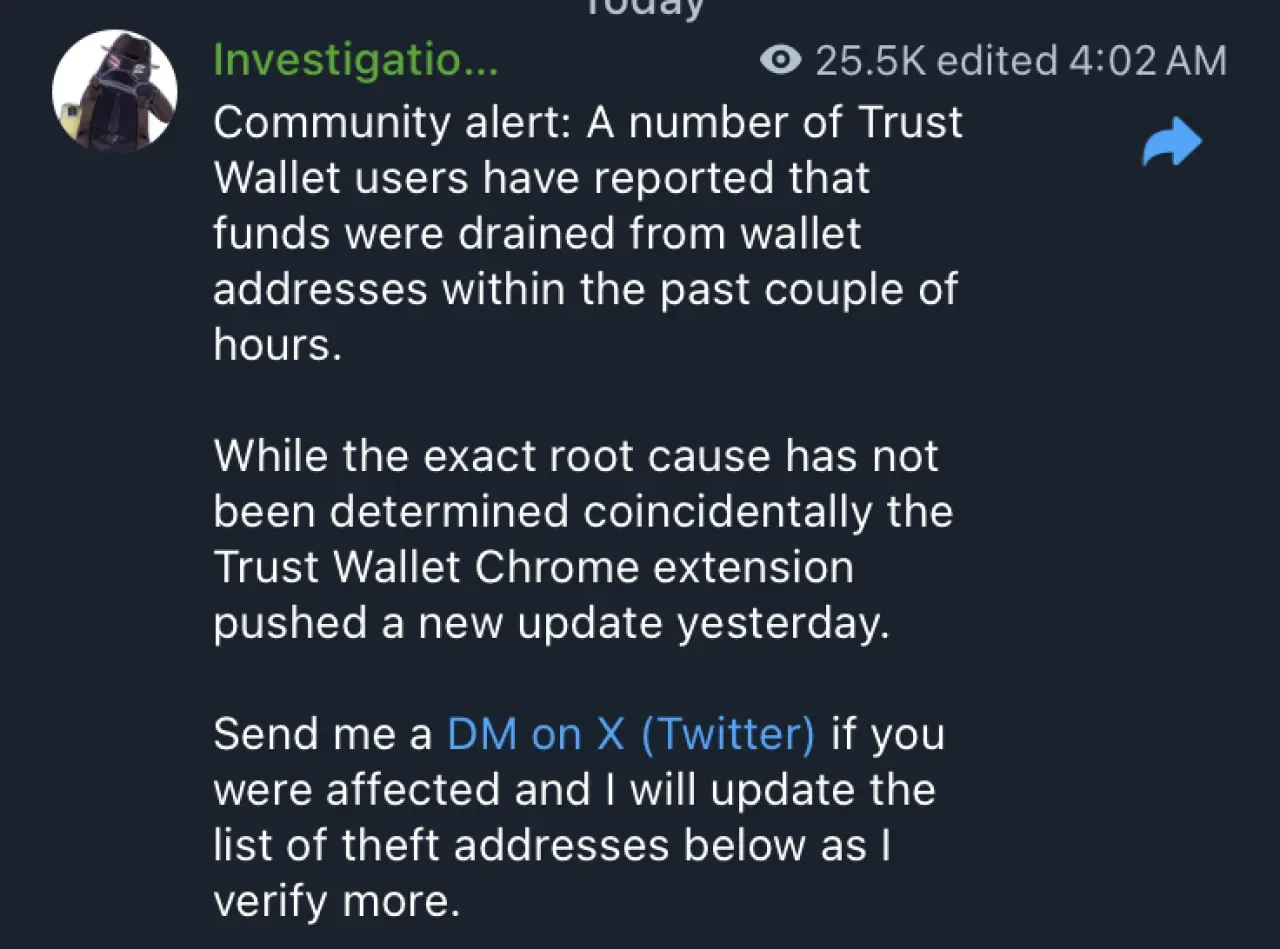Trust Wallet Kullanıcılarını Uyarıyor: Chrome Eklentisi Güncellemesi Sonrası Güvenlik Açığı Trust Wallet Kullanıcılarını Uyarıyor: Chrome Eklentisi Güncellemesi Sonrası Güvenlik Açığı