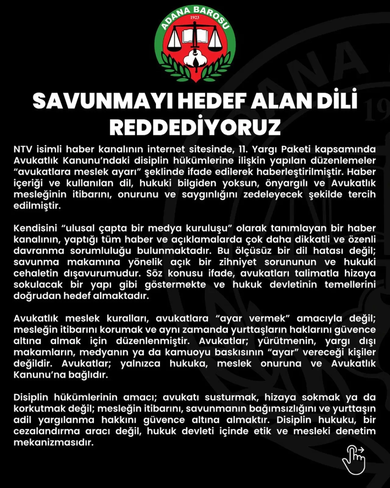 Adana Barosu'ndan Sert Açıklama: "Savunmayı Hedef Alan Dile Karşıyız" Adana Barosu'ndan Sert Açıklama: "Savunmayı Hedef Alan Dile Karşıyız"