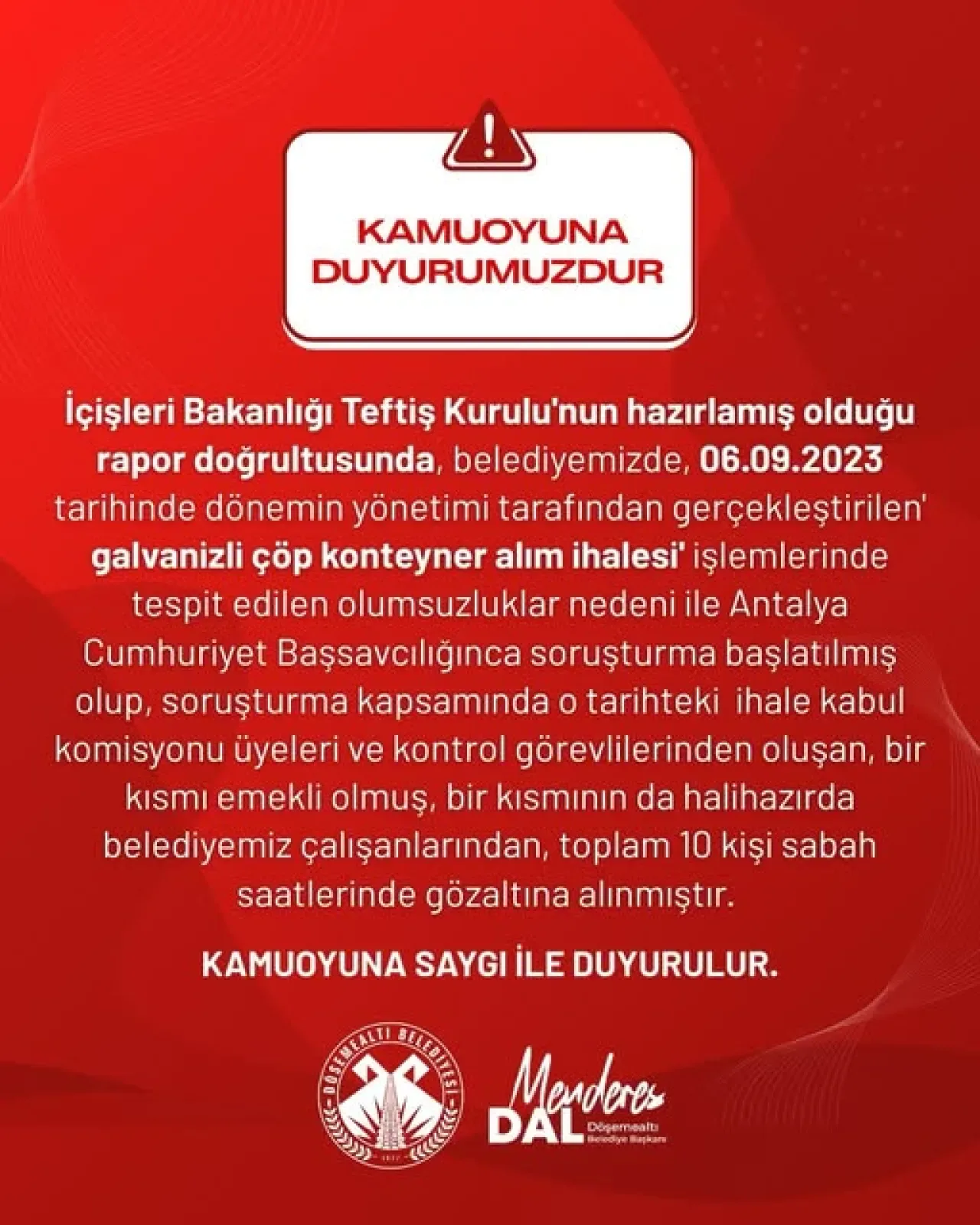 Döşemealtı Belediyesi'nde Çöp Konteyner İhalesi İçin Soruşturma: 10 Kişi Gözaltında Döşemealtı Belediyesi'nde Çöp Konteyner İhalesi İçin Soruşturma: 10 Kişi Gözaltında
