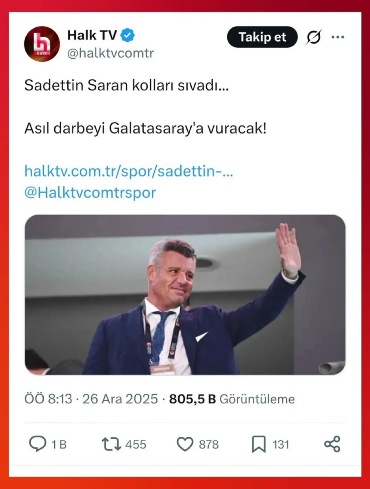 Halk TV, Galatasaray Taraftarı Tepkisi Sonrası Sadettin Saran Haberini Sildi Halk TV, Galatasaray Taraftarı Tepkisi Sonrası Sadettin Saran Haberini Sildi