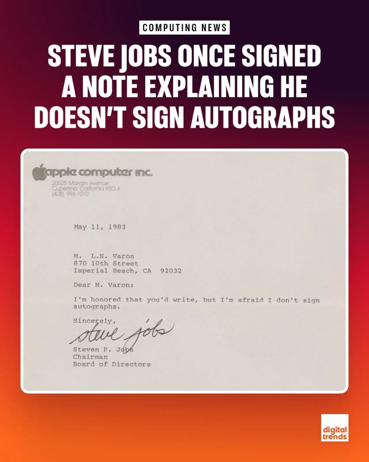 Steve Jobs'un 1983 Tarihli İmza Reddi, 479.939 Dolara Açık Artırmada Satıldı Steve Jobs'un 1983 Tarihli İmza Reddi, 479.939 Dolara Açık Artırmada Satıldı
