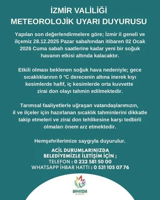 İzmir Valiliği'nden Kritik Zirai Don Uyarısı İzmir Valiliği'nden Kritik Zirai Don Uyarısı