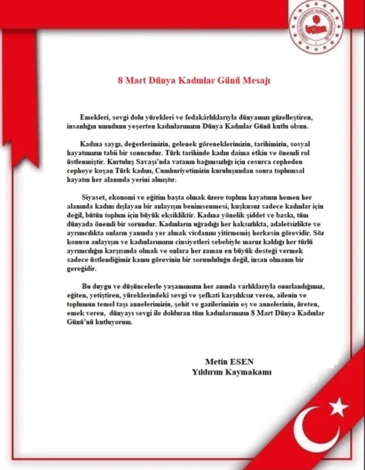 Kaymakam Metin Esen'den 8 Mart Dünya Kadınlar Günü Mesajı Kaymakam Metin Esen'den 8 Mart Dünya Kadınlar Günü Mesajı