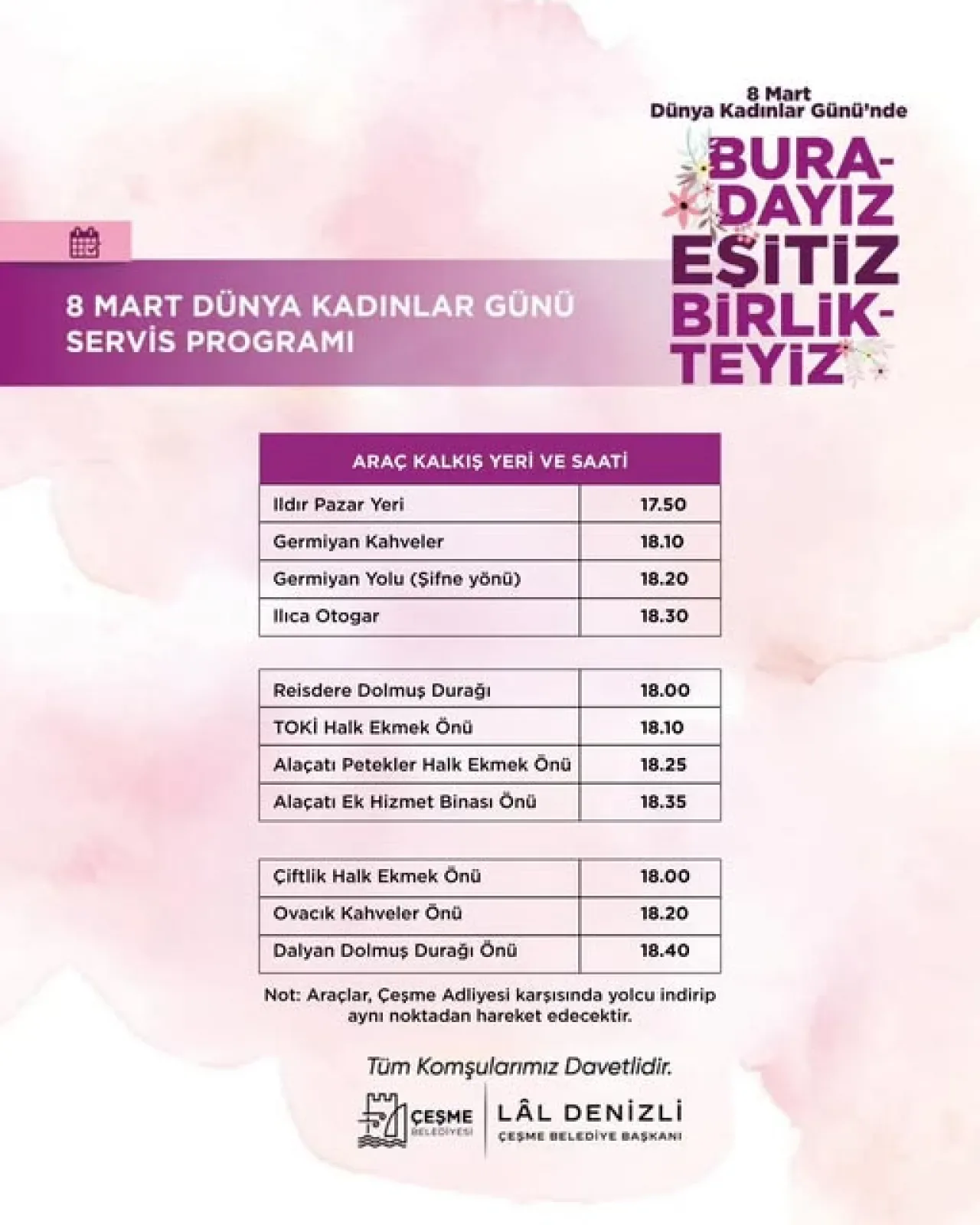 Çeşme'de 8 Mart'a Özel Kadınlara Ücretsiz Servis Seferleri Düzenleniyor Çeşme'de 8 Mart'a Özel Kadınlara Ücretsiz Servis Seferleri Düzenleniyor