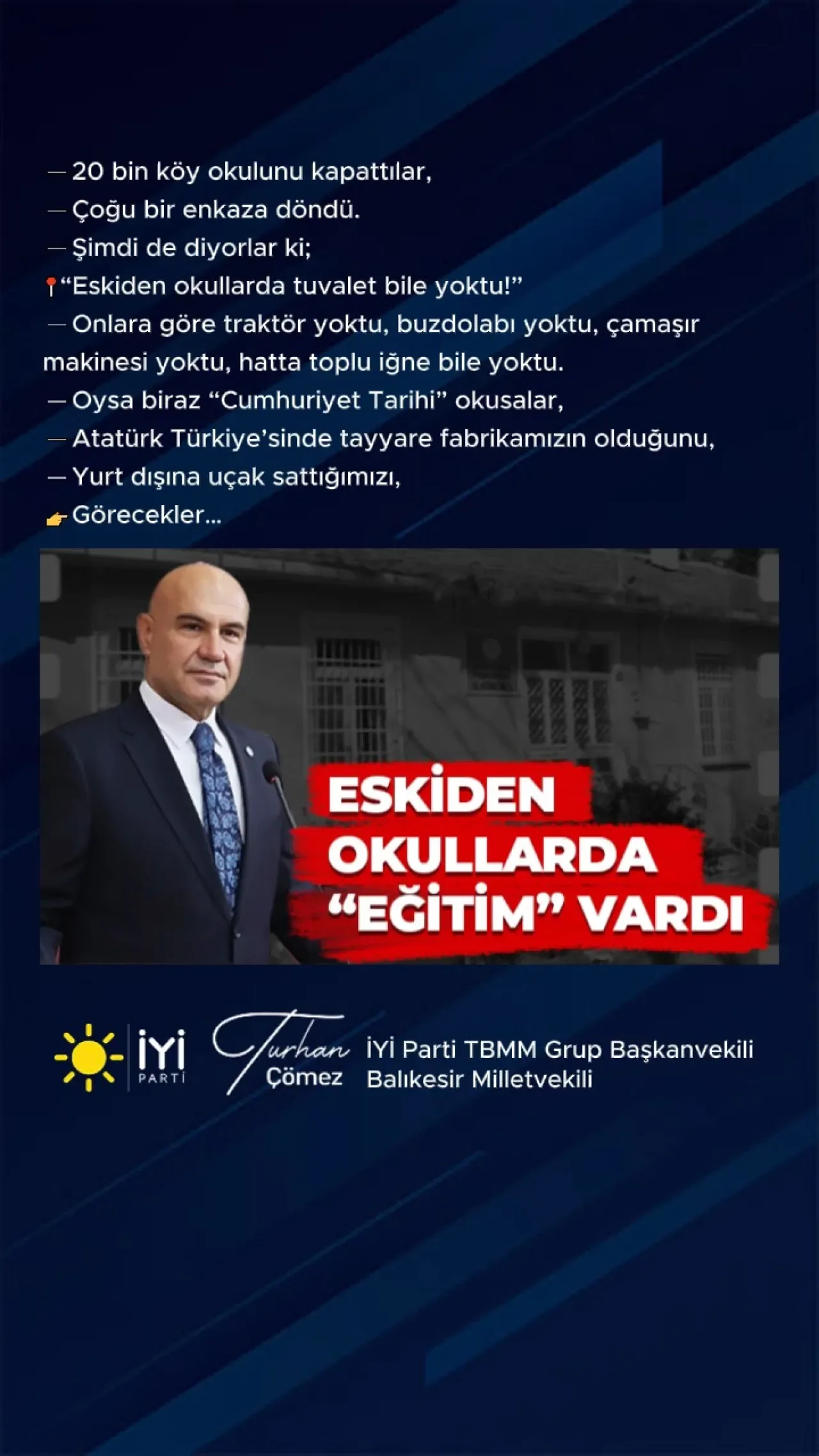 İYİ Partili Çömez'den Köy Okulları Tepkisi: "20 Bin Okul Kapandı, Şimdi de Tuvalet Yok Diyorlar" İYİ Partili Çömez'den Köy Okulları Tepkisi: "20 Bin Okul Kapandı, Şimdi de Tuvalet Yok Diyorlar"