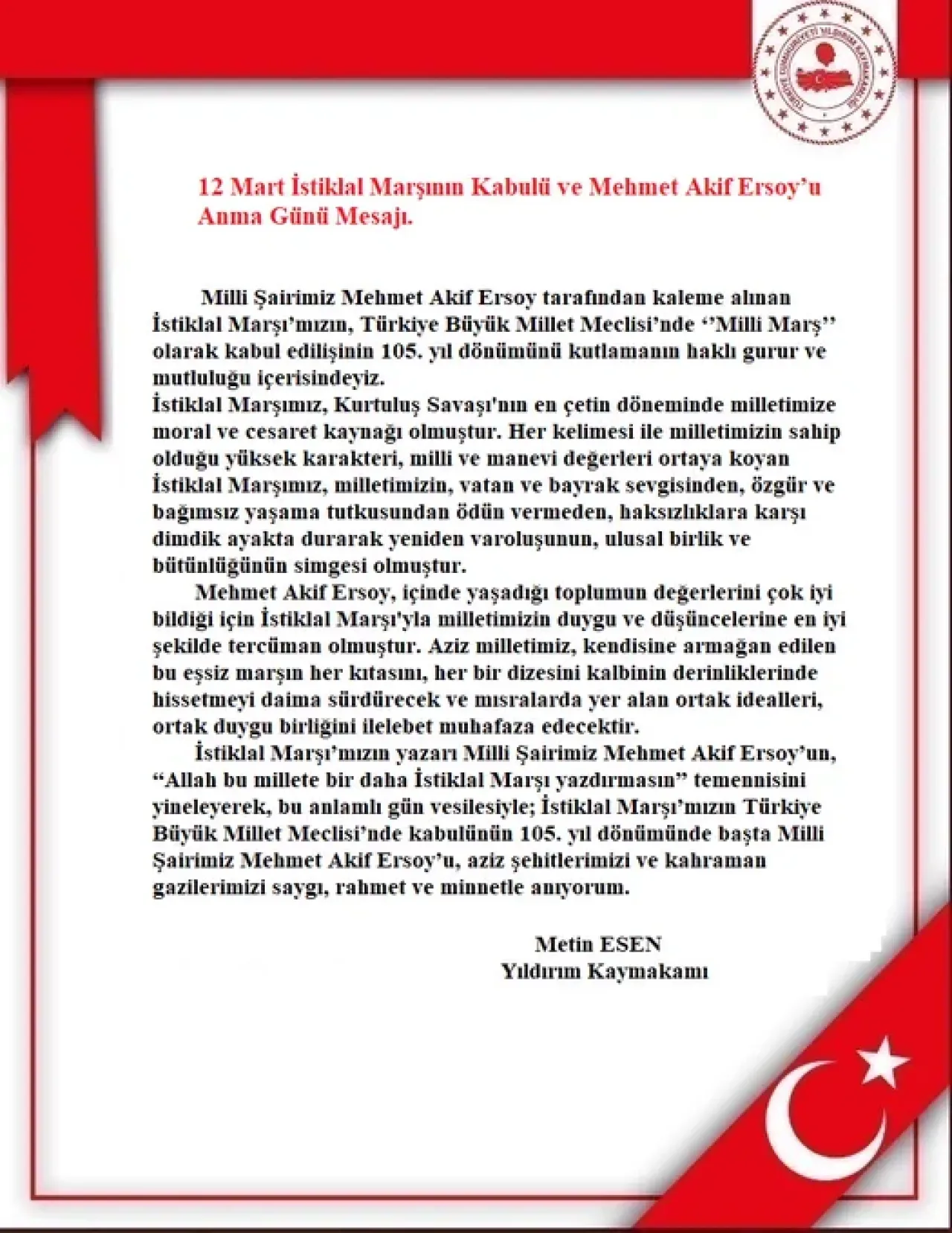 Metin Esen'den 12 Mart İstiklal Marşı'nın Kabulü Mesajı Metin Esen'den 12 Mart İstiklal Marşı'nın Kabulü Mesajı