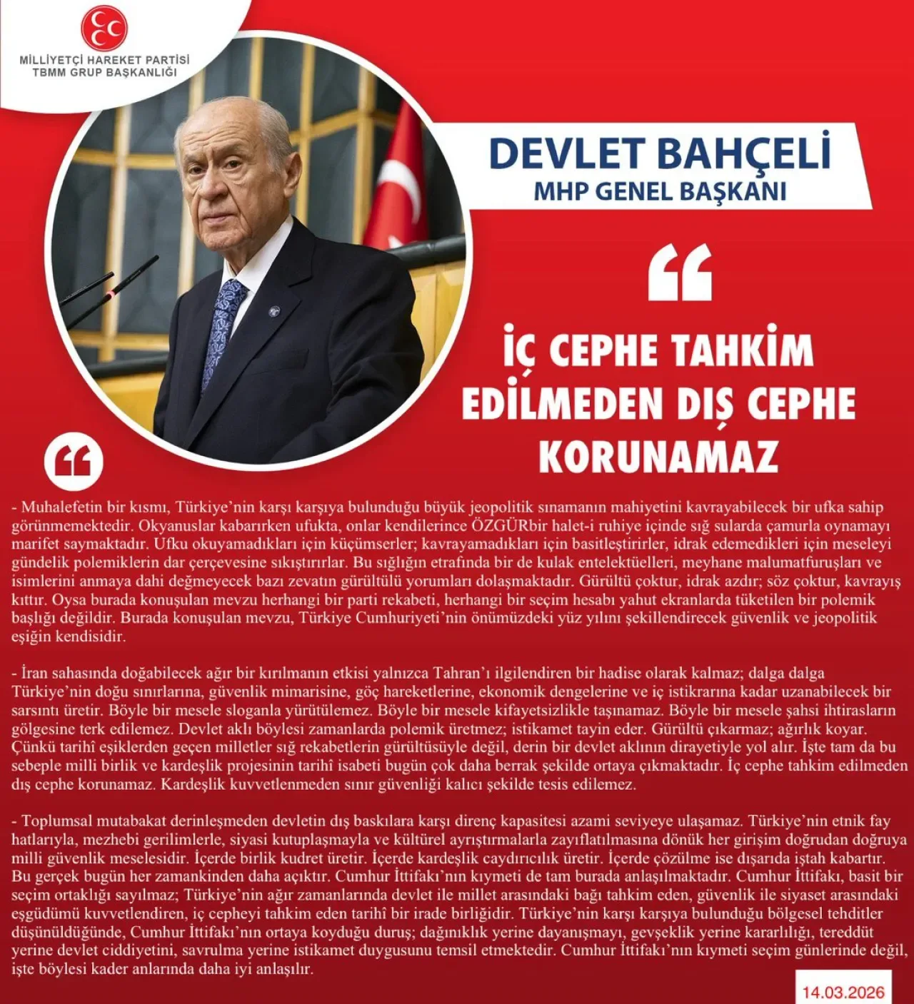 MHP'den Kritik Uyarı: "İç Cephe Tahkim Edilmeden Dış Cephe Korunamaz" MHP'den Kritik Uyarı: "İç Cephe Tahkim Edilmeden Dış Cephe Korunamaz"