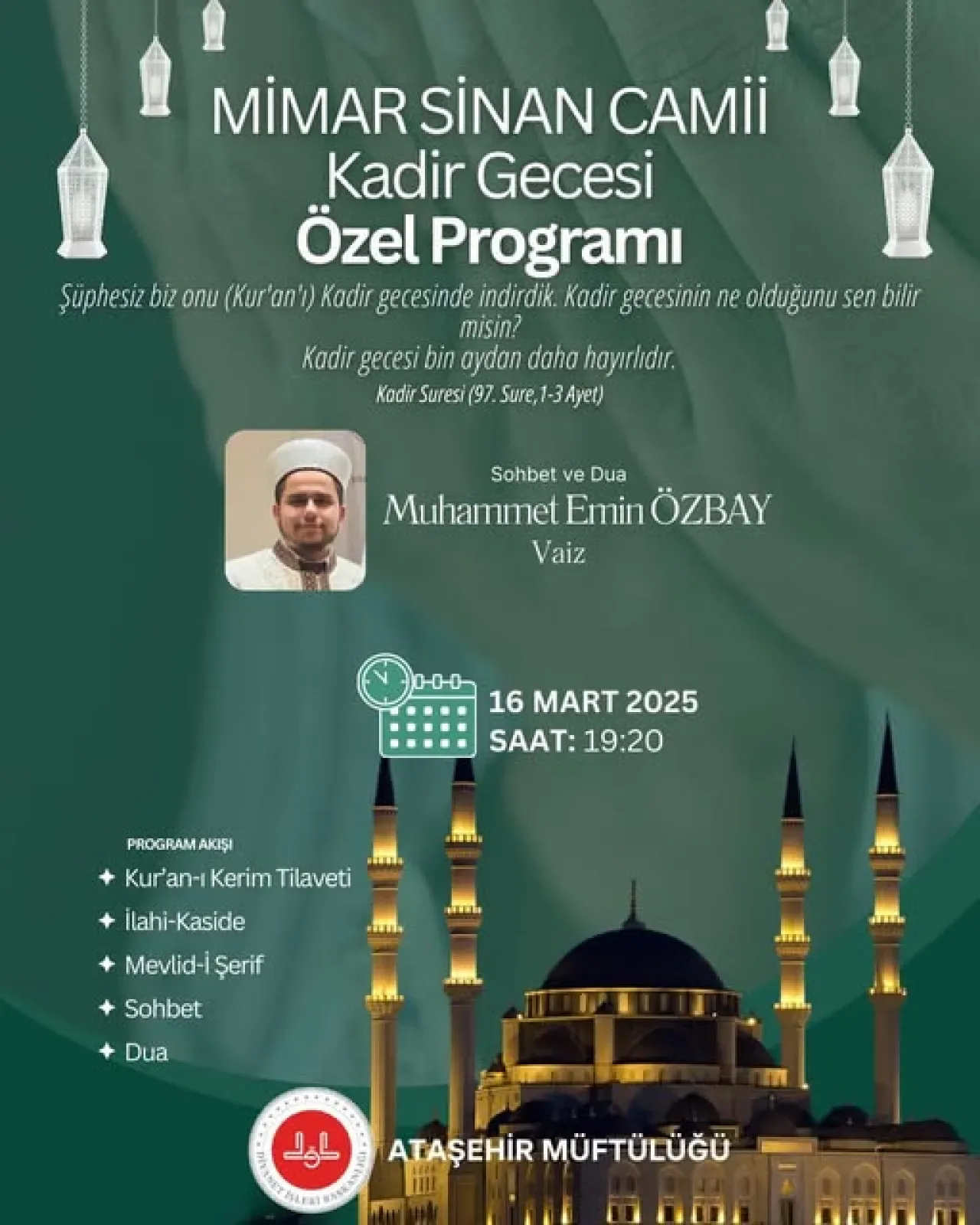 Ataşehir'de Kadir Gecesi Coşkusu: Mimar Sinan Camii'nde Özel Program Ataşehir'de Kadir Gecesi Coşkusu: Mimar Sinan Camii'nde Özel Program