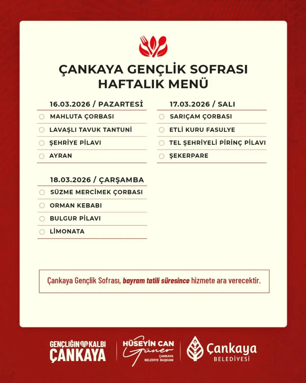 Çankaya Gençlik Sofrası'nda Haftanın Menüsü Belli Oldu Çankaya Gençlik Sofrası'nda Haftanın Menüsü Belli Oldu