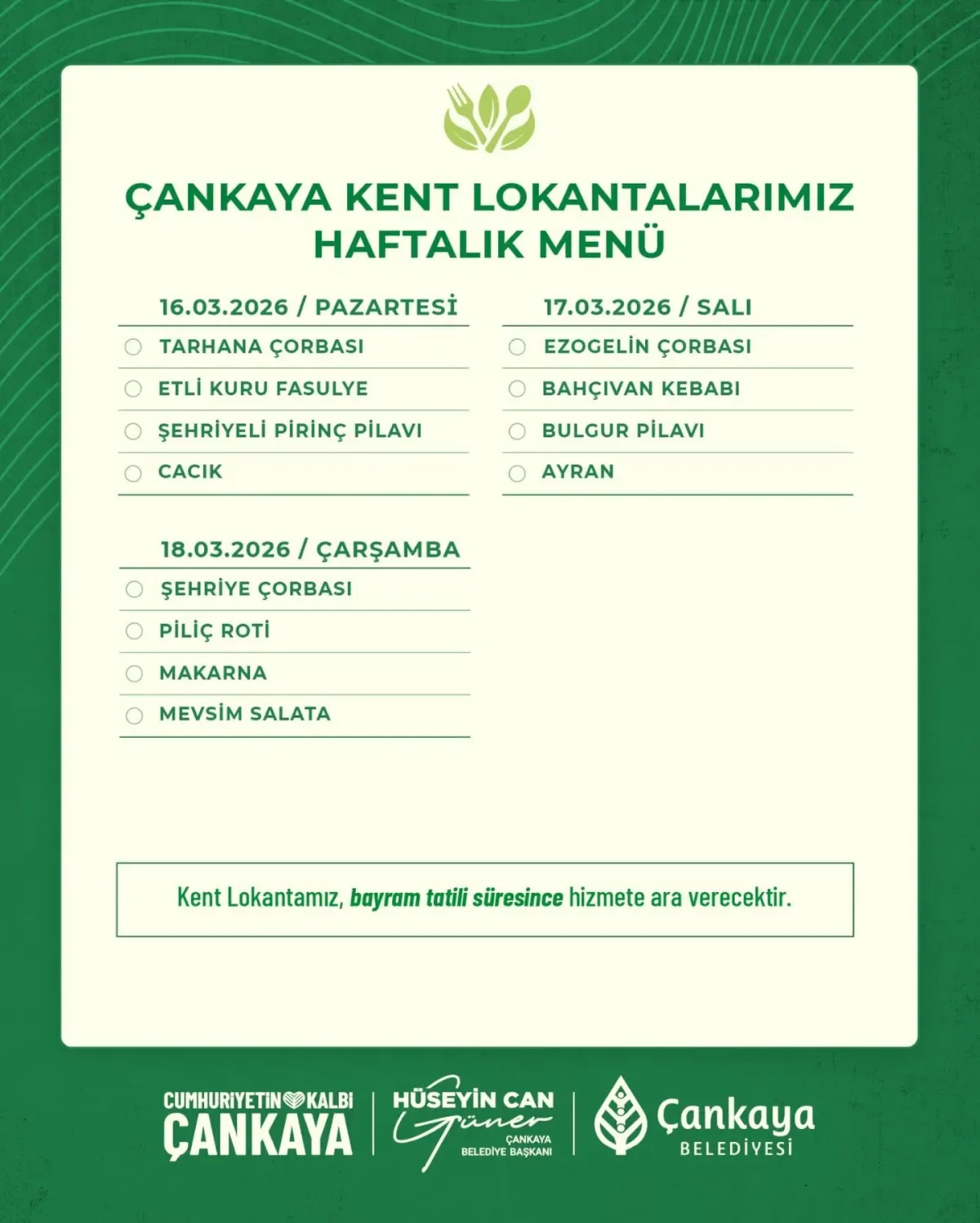 Çankaya Belediyesi Kent Lokantası'nın Haftalık Menüsü ve Hizmet Detayları Açıklandı Çankaya Belediyesi Kent Lokantası'nın Haftalık Menüsü ve Hizmet Detayları Açıklandı