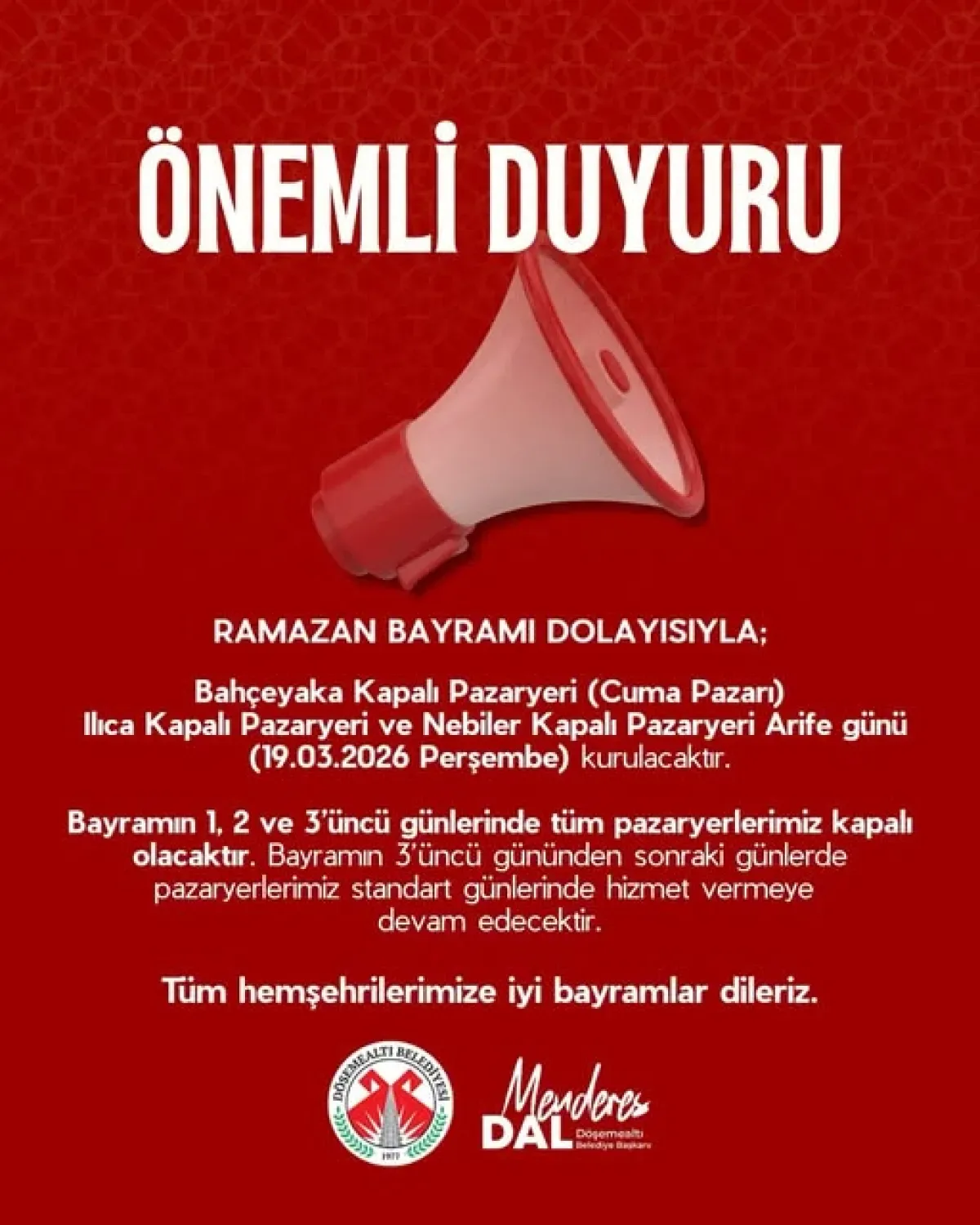 Döşemealtı'nda Ramazan Bayramı'nda Pazaryerleri Kapalı Olacak Döşemealtı'nda Ramazan Bayramı'nda Pazaryerleri Kapalı Olacak