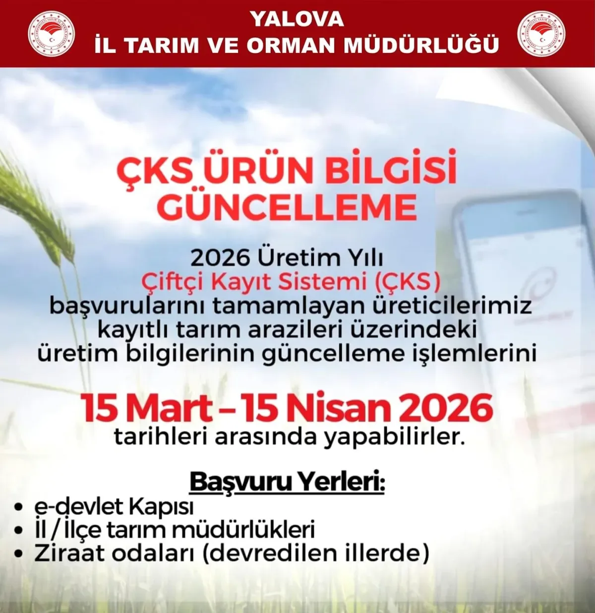 Yalova'da ÇKS Ürün Bilgisi Güncelleme İşlemleri Başladı Yalova'da ÇKS Ürün Bilgisi Güncelleme İşlemleri Başladı