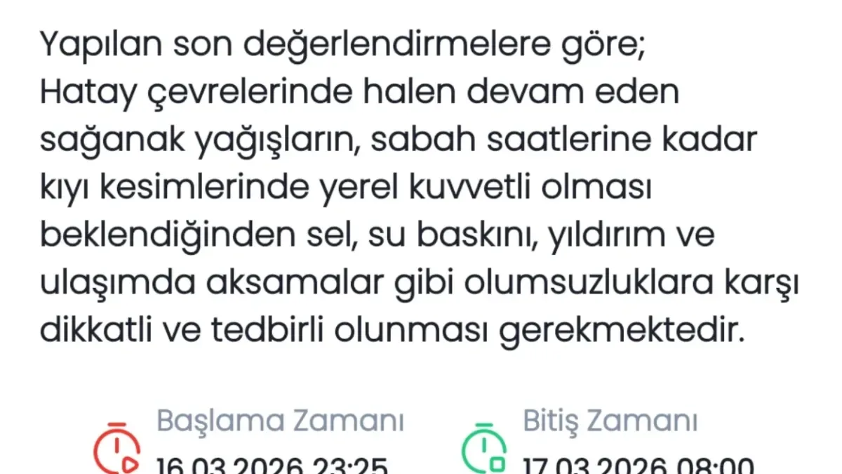 Hatay'da Kuvvetli Sağanak Uyarısı: Meteoroloji Saatlik Yağış Miktarını Açıkladı Hatay'da Kuvvetli Sağanak Uyarısı: Meteoroloji Saatlik Yağış Miktarını Açıkladı