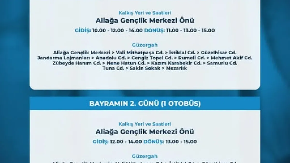 Aliağa Belediyesi Ramazan Bayramı'nda Kabristan Ziyaretleri İçin Ücretsiz Ulaşım Sağlayacak Aliağa Belediyesi Ramazan Bayramı'nda Kabristan Ziyaretleri İçin Ücretsiz Ulaşım Sağlayacak