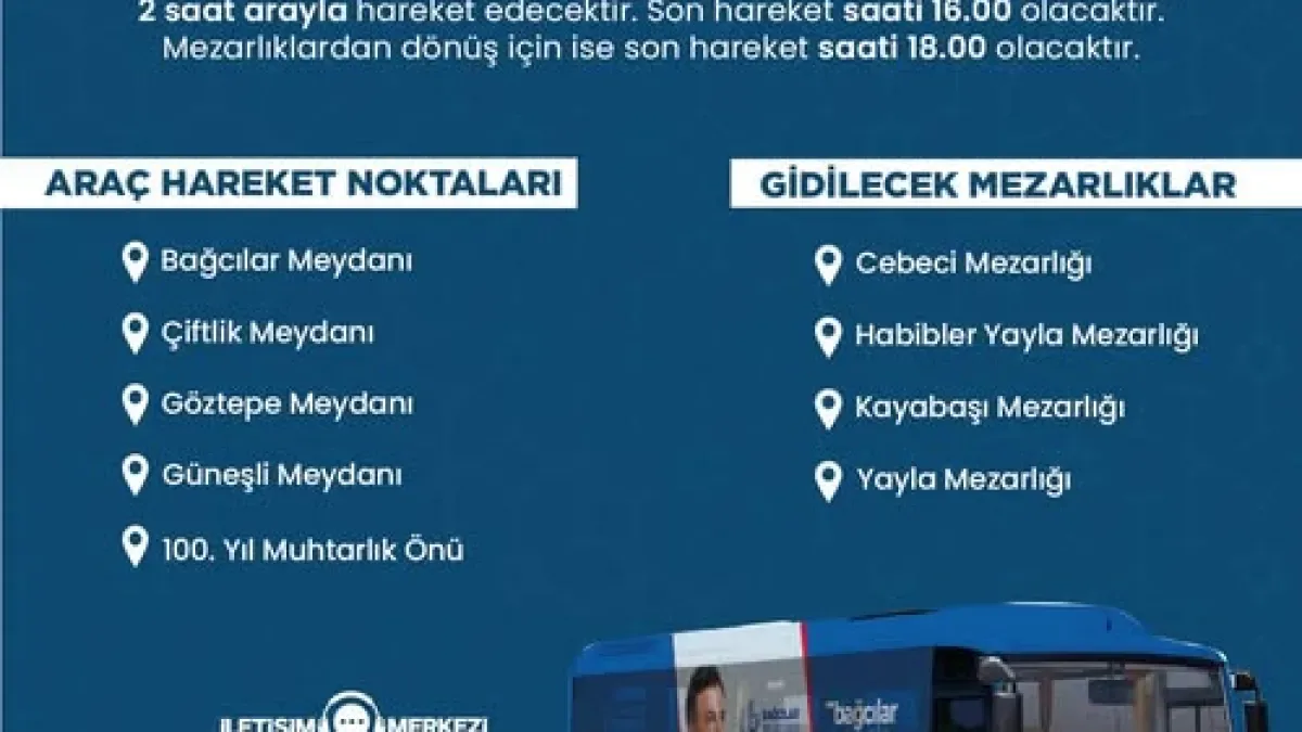 Bağcılar Belediyesi Arife Günü'nde Mezarlıklara Ücretsiz Ulaşım Hizmeti Başlatıyor Bağcılar Belediyesi Arife Günü'nde Mezarlıklara Ücretsiz Ulaşım Hizmeti Başlatıyor