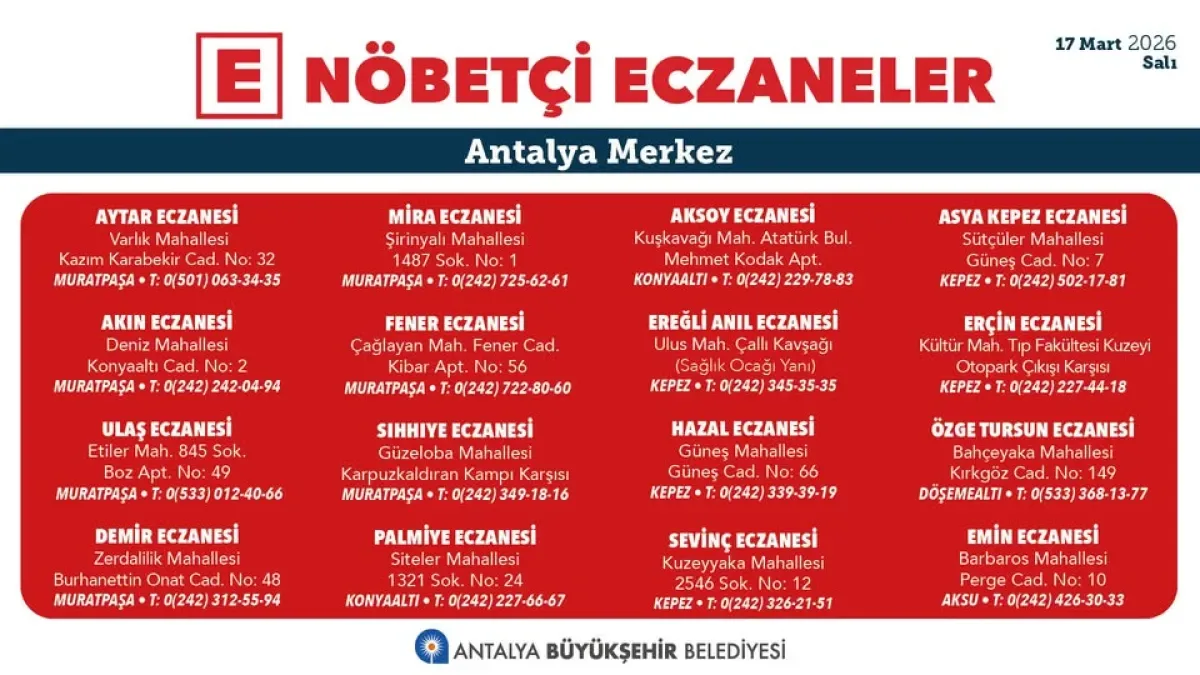 Antalya'da 17 Mart Nöbetçi Eczaneler Açıklandı: Büyükşehir Belediyesi Güncel Listeyi Paylaştı Antalya'da 17 Mart Nöbetçi Eczaneler Açıklandı: Büyükşehir Belediyesi Güncel Listeyi Paylaştı
