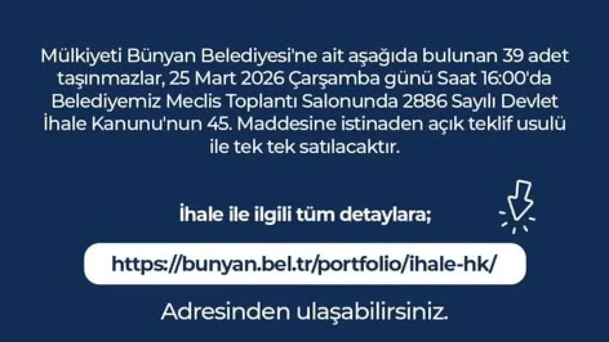 Bünyan Belediyesi 39 Taşınmazını Satışa Çıkarıyor: İhale Tarihi Belli Oldu Bünyan Belediyesi 39 Taşınmazını Satışa Çıkarıyor: İhale Tarihi Belli Oldu
