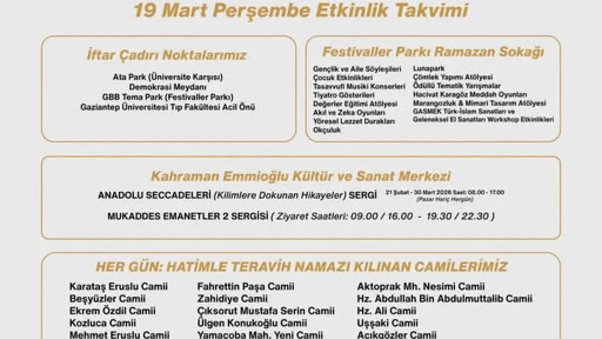 Gaziantep'te Ramazan Boyunca Ne Yapılacak? 29 Günlük Sürpriz Takvim Açıklandı Gaziantep'te Ramazan Boyunca Ne Yapılacak? 29 Günlük Sürpriz Takvim Açıklandı