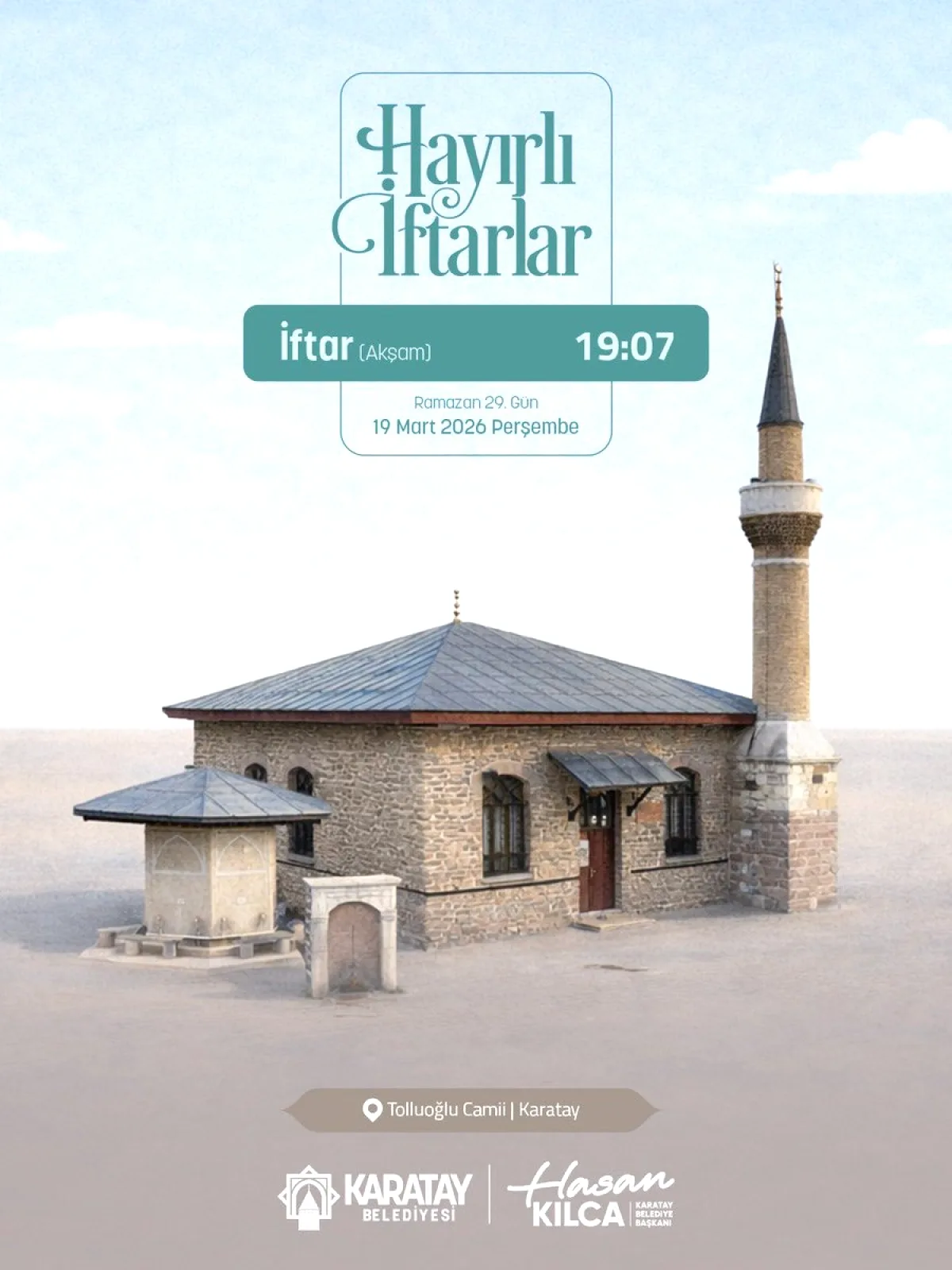 Karatay'da İftar Saati Açıklandı: Belediyeden "Sabır" Vurgulu Mesaj Karatay'da İftar Saati Açıklandı: Belediyeden "Sabır" Vurgulu Mesaj