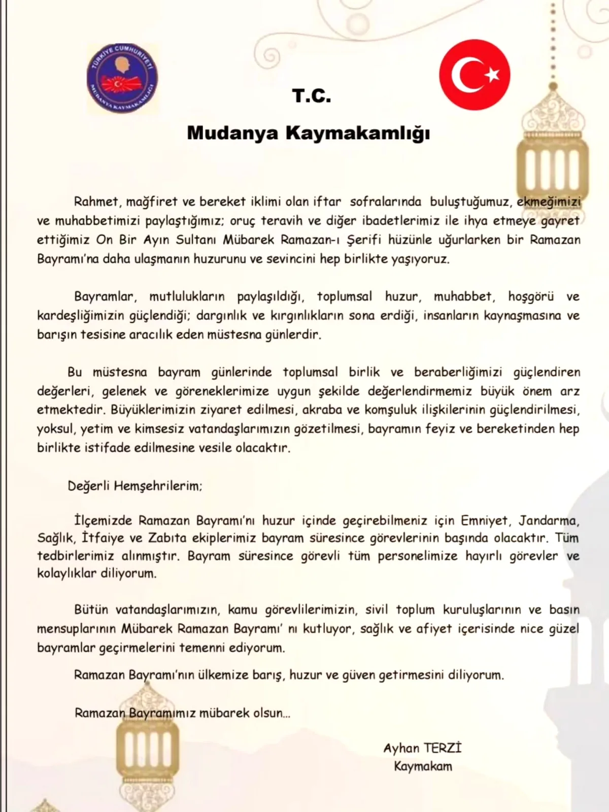 Mudanya Kaymakamı Terzi'den Ramazan Bayramı Mesajı: İşte Detaylar Mudanya Kaymakamı Terzi'den Ramazan Bayramı Mesajı: İşte Detaylar