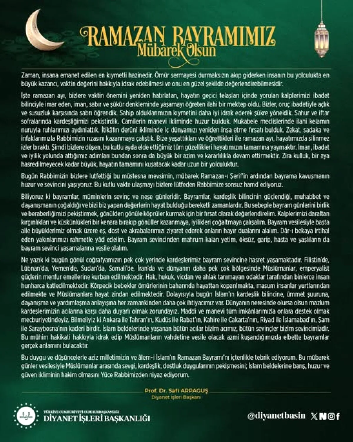 Diyanet Başkanı Arpaguş'tan Bayram Mesajı: İslam Beldelerindeki Acı ve Sevincimiz Diyanet Başkanı Arpaguş'tan Bayram Mesajı: İslam Beldelerindeki Acı ve Sevincimiz