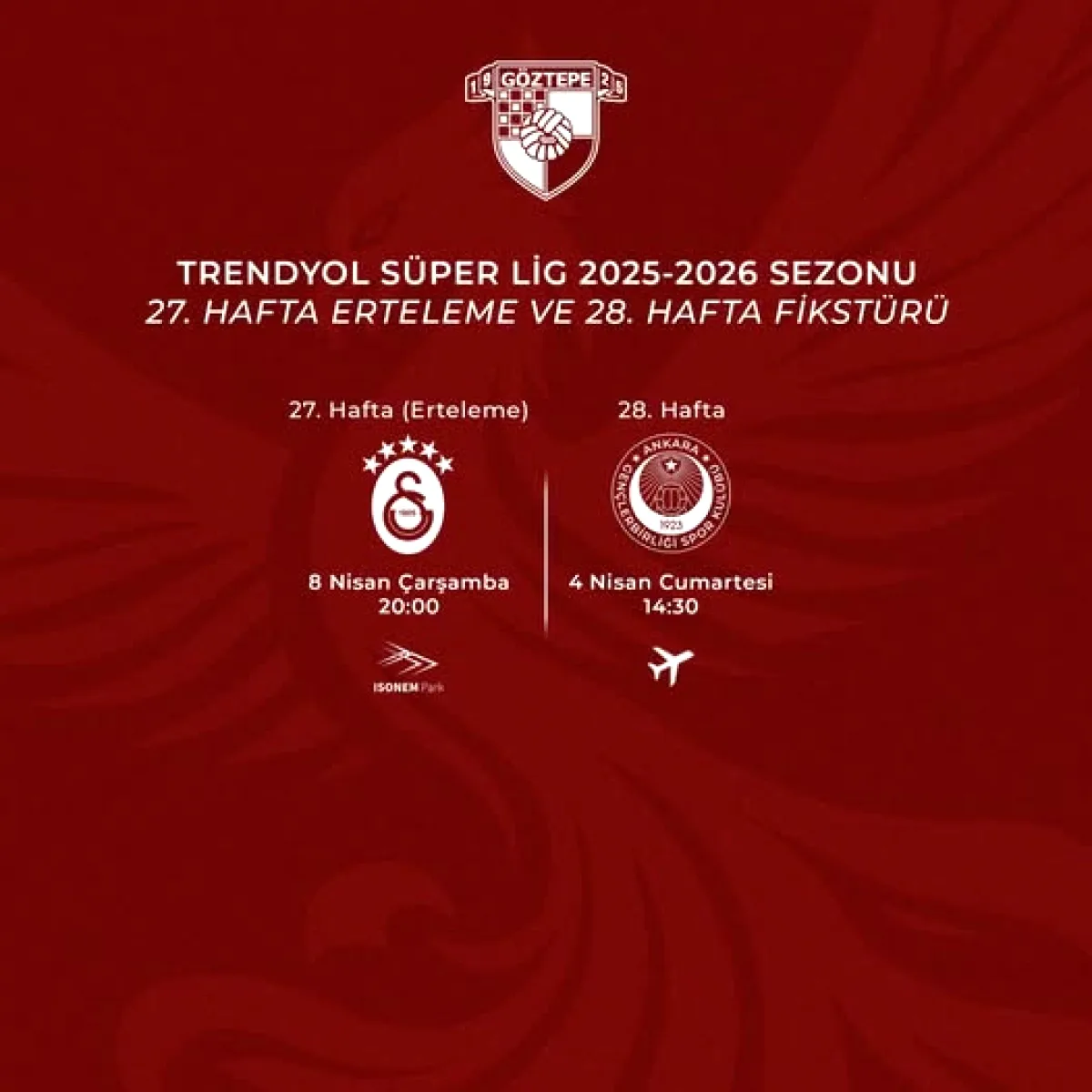 Göztepe'nin Trendyol Süper Lig Programı Belli Oldu: 27. Hafta Erteleme ve 28. Hafta Karşılaşması Göztepe'nin Trendyol Süper Lig Programı Belli Oldu: 27. Hafta Erteleme ve 28. Hafta Karşılaşması