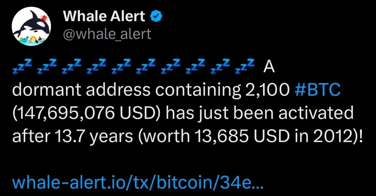 14 Yıl Sonra Uyandı: 2.100 BTC'lik Bitcoin Balinası Hareket Etti 14 Yıl Sonra Uyandı: 2.100 BTC'lik Bitcoin Balinası Hareket Etti