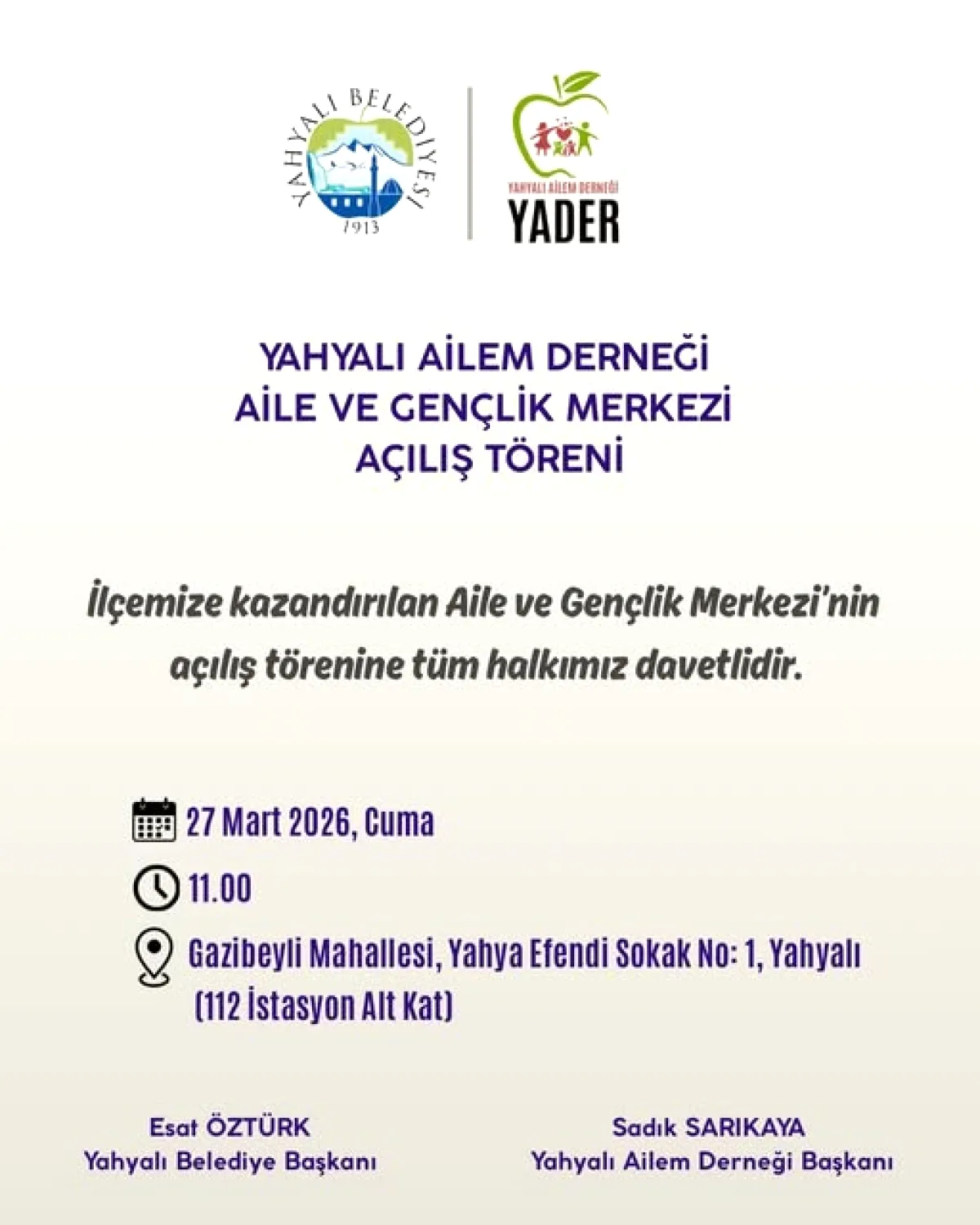 Yahyalı'da Yeni Aile ve Gençlik Merkezi Açılıyor: Ücretsiz ve Herkese Açık Yahyalı'da Yeni Aile ve Gençlik Merkezi Açılıyor: Ücretsiz ve Herkese Açık
