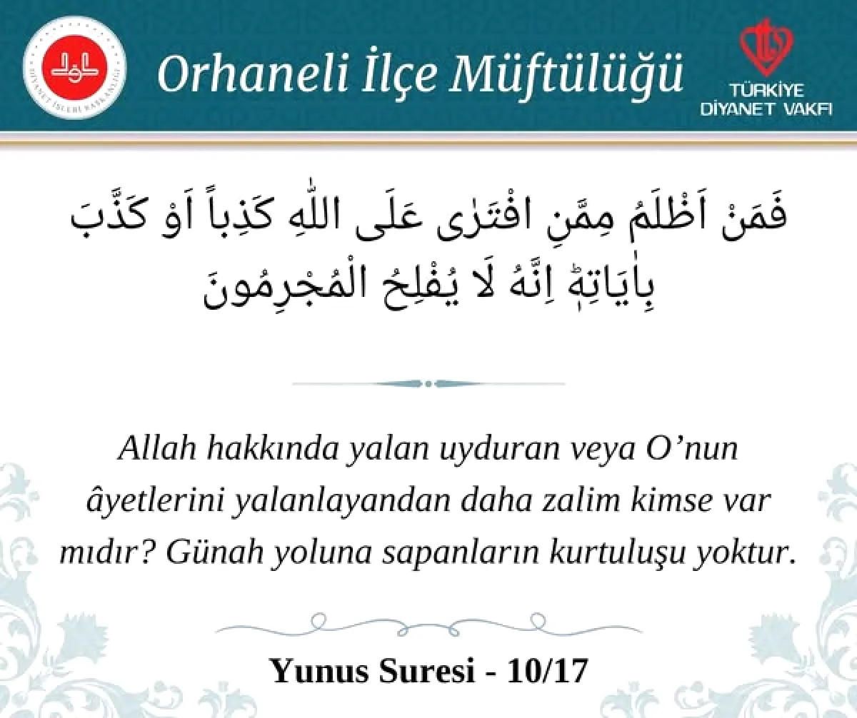 Orhaneli Müftülüğü'nden 'Günün Ayeti' Çağrısı: Ezberleyin, Ezberletin ve Amel Edin Orhaneli Müftülüğü'nden 'Günün Ayeti' Çağrısı: Ezberleyin, Ezberletin ve Amel Edin