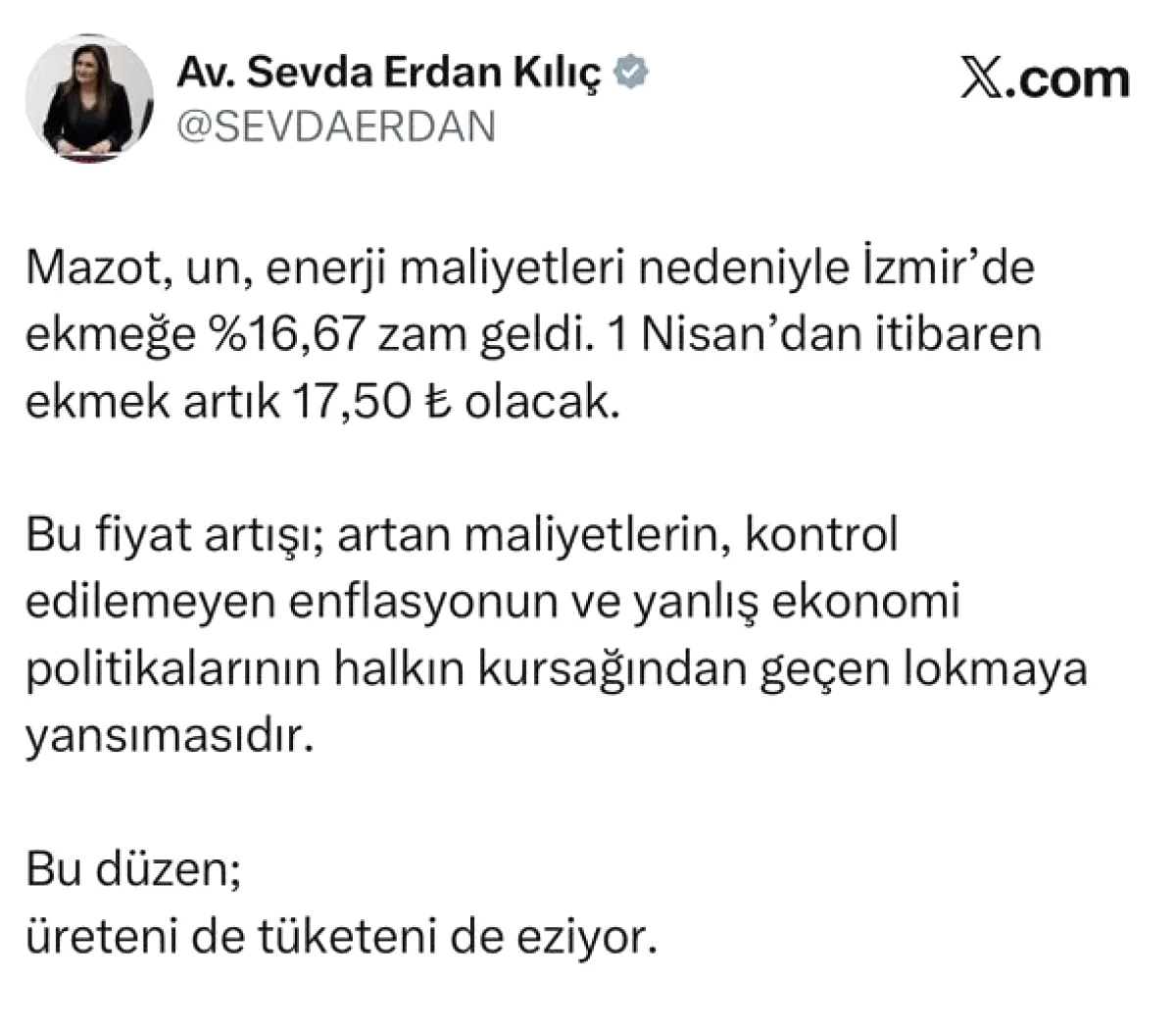 İzmir'de Ekmeğe %16.67 Zam: 1 Nisan'dan İtibaren 17.50 TL Olacak İzmir'de Ekmeğe %16.67 Zam: 1 Nisan'dan İtibaren 17.50 TL Olacak