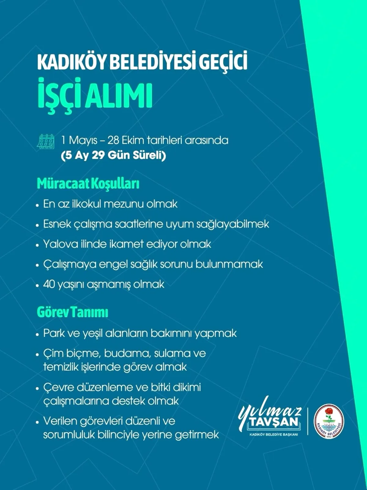 Yalova'da 5 Ay Süreli Geçici İşçi Alımı! Park ve Yeşil Alan Bakımı İçin Fırsat Yalova'da 5 Ay Süreli Geçici İşçi Alımı! Park ve Yeşil Alan Bakımı İçin Fırsat