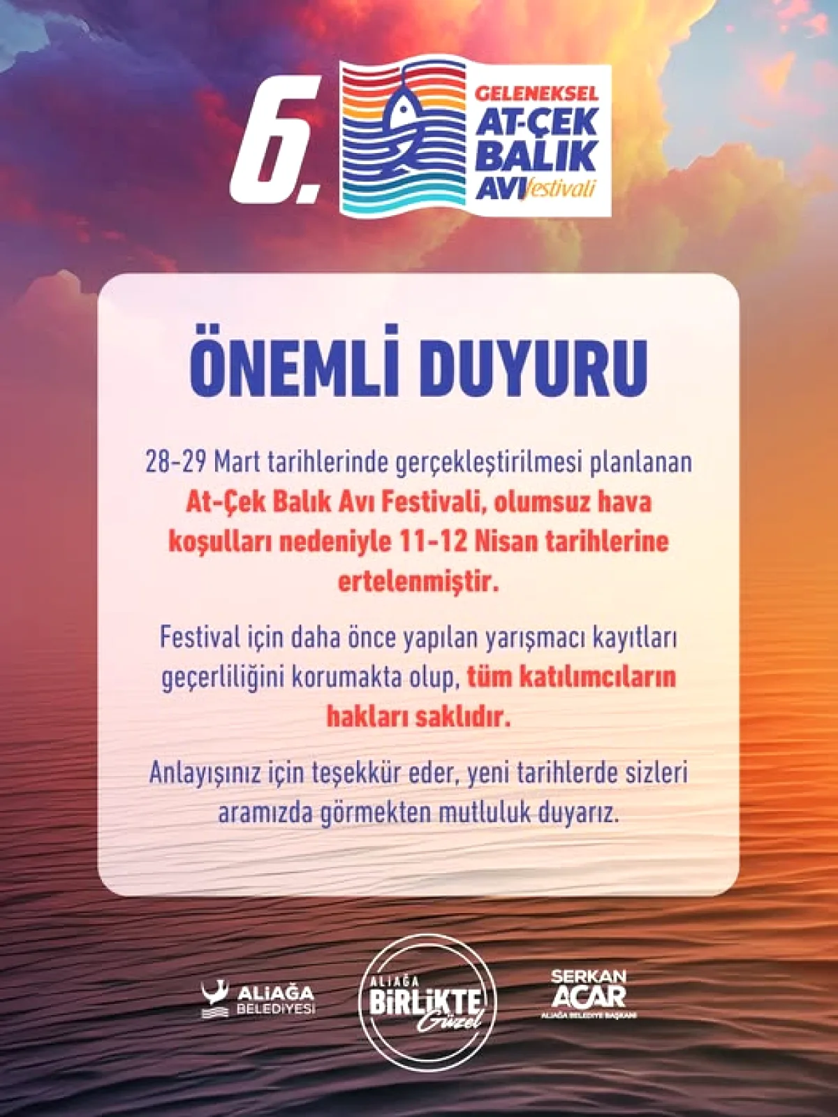 İzmir Aliağa'da At Çek Balık Avı Festivali Tarih Değişikliği: 11-12 Nisan'a Ertelendi İzmir Aliağa'da At Çek Balık Avı Festivali Tarih Değişikliği: 11-12 Nisan'a Ertelendi