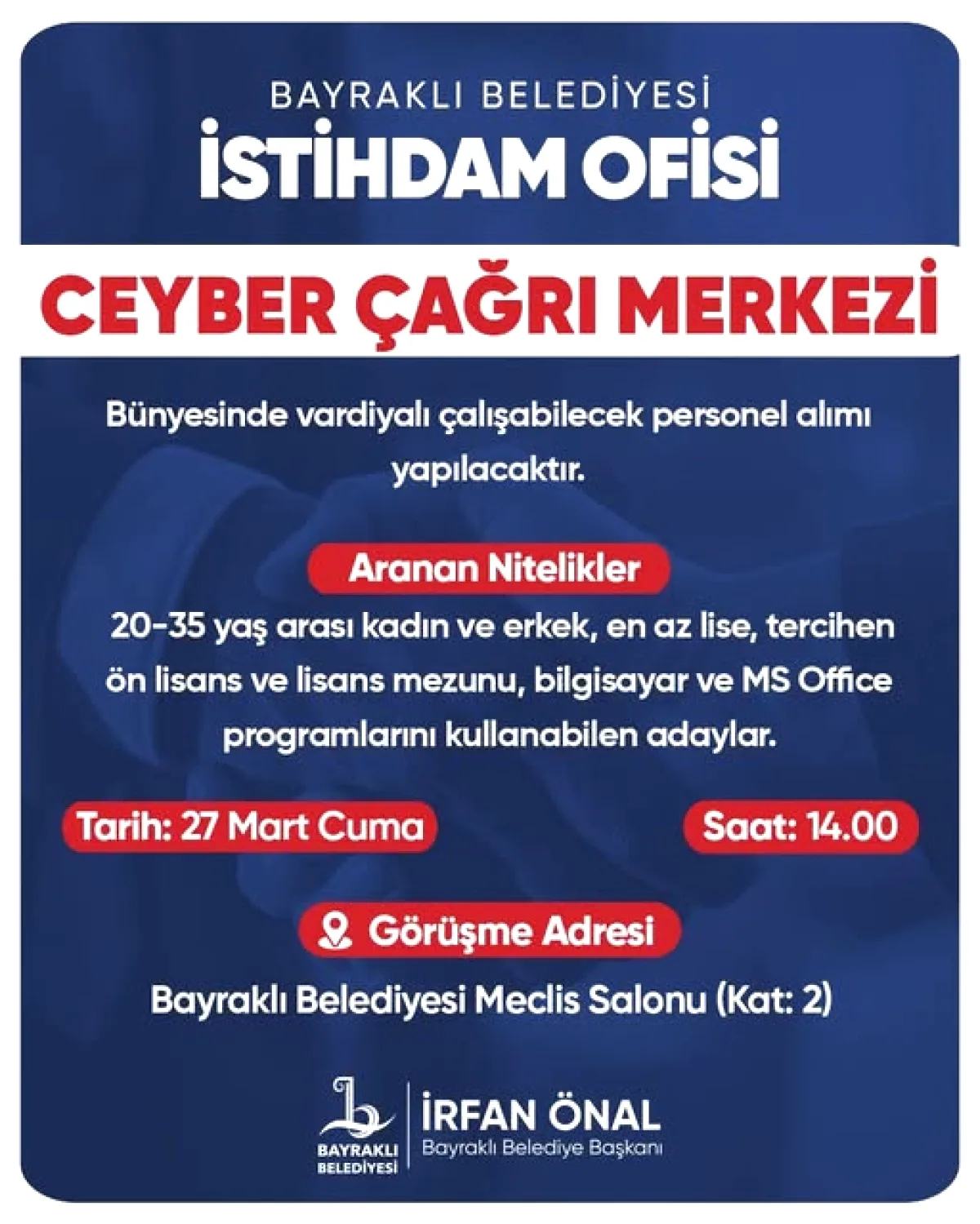 İzmir Bayraklı Belediyesi, 20-35 Yaş Arası Gençlere Vardiyalı İş İmkanı Sunuyor İzmir Bayraklı Belediyesi, 20-35 Yaş Arası Gençlere Vardiyalı İş İmkanı Sunuyor