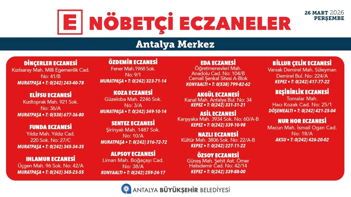 Antalya'da 26 Mart Perşembe Nöbetçi Eczaneler Hizmet Veriyor Antalya'da 26 Mart Perşembe Nöbetçi Eczaneler Hizmet Veriyor