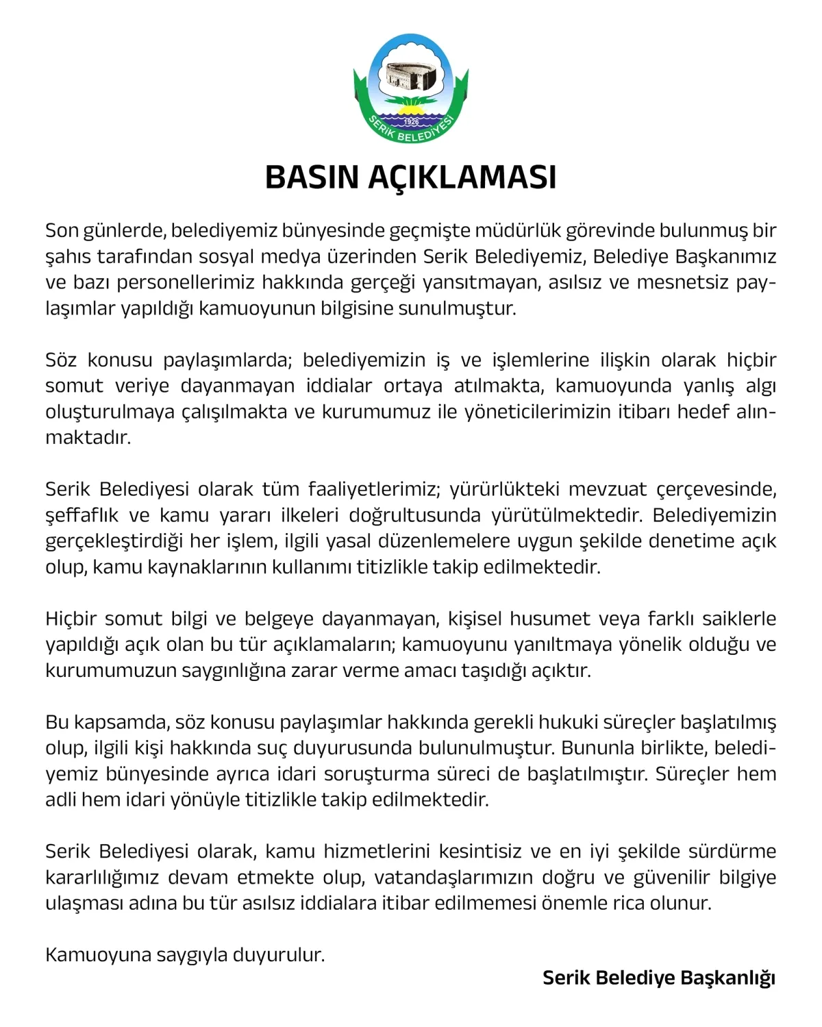 Serik Belediyesi: Eski Müdürün Asılsız İddialarına Hukuki Süreç Serik Belediyesi: Eski Müdürün Asılsız İddialarına Hukuki Süreç