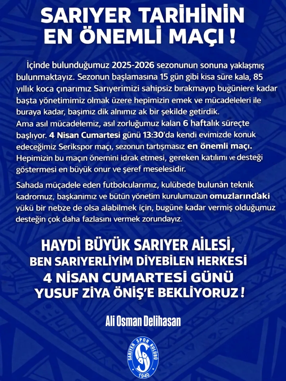 4 Nisan'da Yusuf Ziya Öniş'te Kritik Maç: Sarıyer Taraftarları Stadyuma! 4 Nisan'da Yusuf Ziya Öniş'te Kritik Maç: Sarıyer Taraftarları Stadyuma!