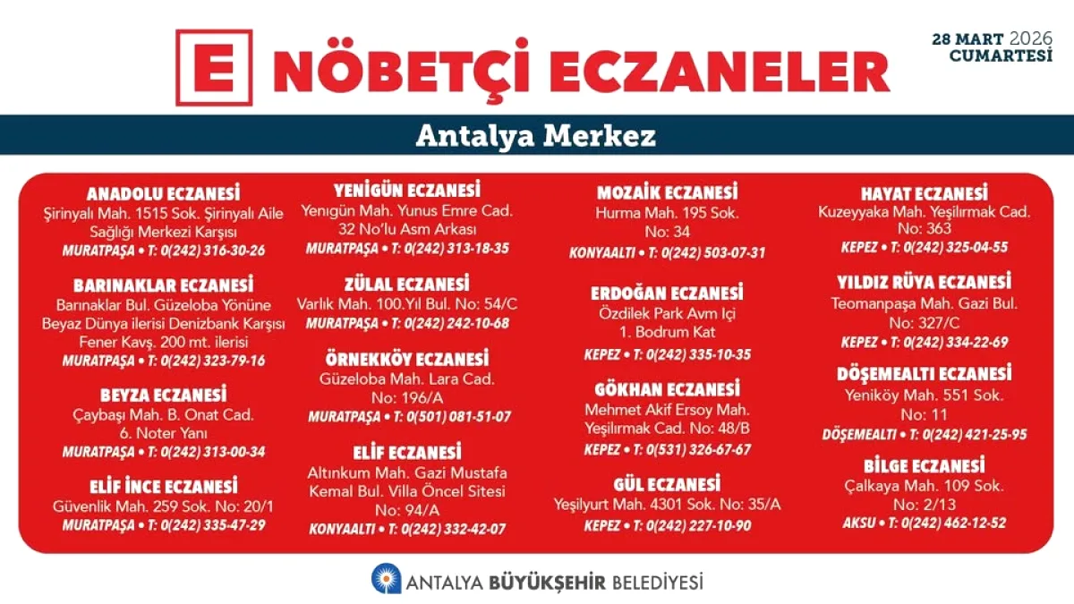 Antalya 28 Mart Nöbetçi Eczaneler: İlçe Bazlı Dağılım Açıklandı Antalya 28 Mart Nöbetçi Eczaneler: İlçe Bazlı Dağılım Açıklandı