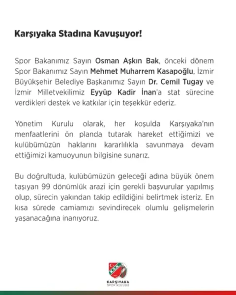 Karşıyaka Stadı İçin Protokol İmzalandı: Son Adım Bekleniyor