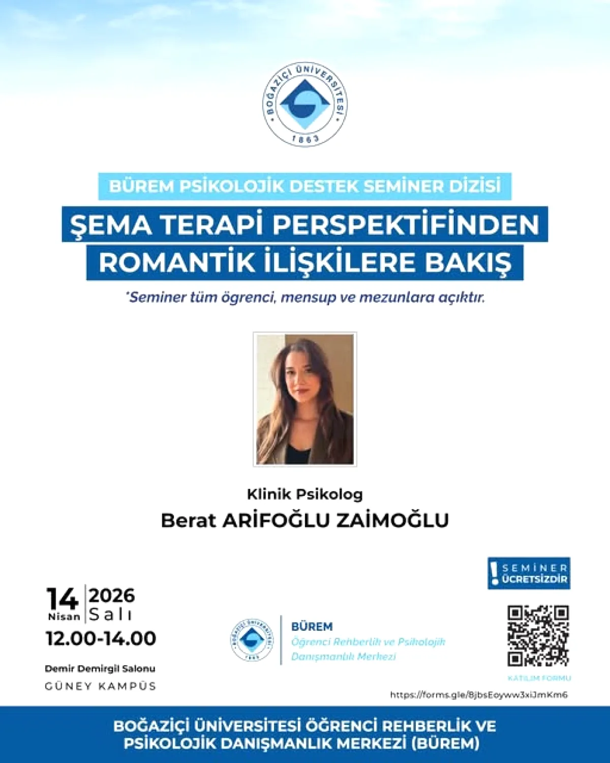 Boğaziçi Üniversitesi'nde Şema Terapi ile Romantik İlişkiler Semineri: 14 Nisan'da Kayıt Açık Boğaziçi Üniversitesi'nde Şema Terapi ile Romantik İlişkiler Semineri: 14 Nisan'da Kayıt Açık