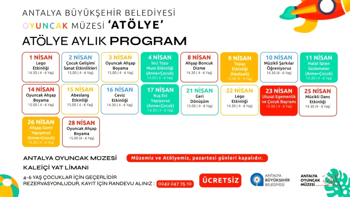 Antalya'da Ücretsiz Çocuk Atölyeleri: Nisan Ayında Eğlence ve Öğrenme Bir Arada Antalya'da Ücretsiz Çocuk Atölyeleri: Nisan Ayında Eğlence ve Öğrenme Bir Arada